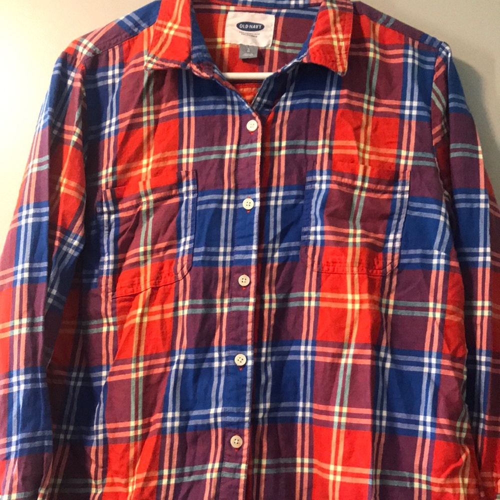Old Navy flannel. Size L. Like new condition.  Royal blue, orange & yellow.